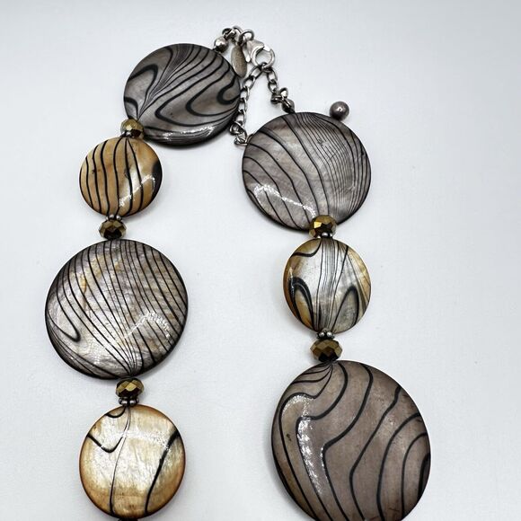 DONNA DRESSLER Necklace Mother of Pearl Round Disk Black Tan Crystal 925 19"-22" - Picture 3 of 6